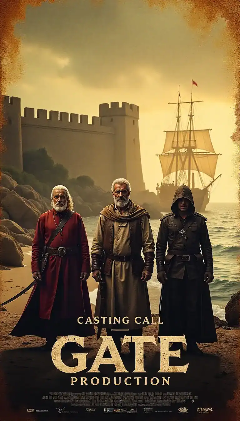 Ancient fortress with a medieval ship, three actors in period costumes on a beach, promoting a historical fantasy film.